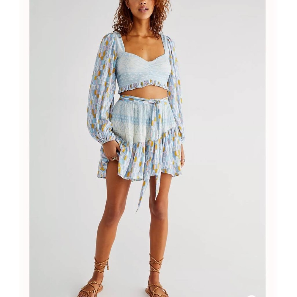 Free People Naomi Printed Puff Sleeve top & Mini Skirt Set